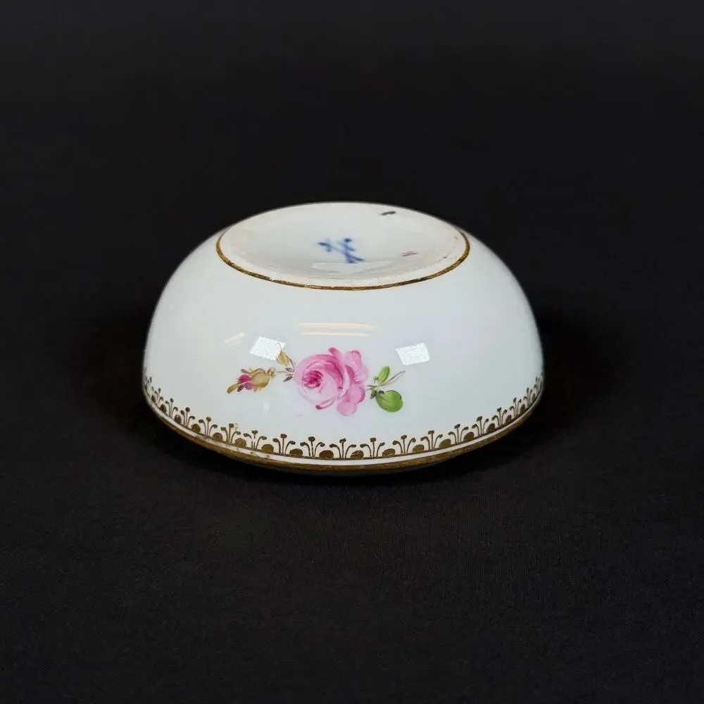 Meissen Antique Porcelain Trinket Box without Lid White Gold Pink Rose Floral 3'